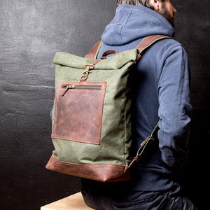 Rolltop Backpack of Waxed Canvas with Front Leather Zipped Pocket, Roll Top Rucksack, Slim Backpack image 1