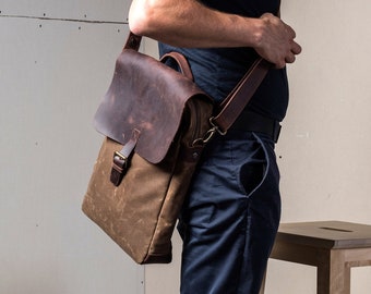 Personalized Messenger Bag for Men, Slim Minimalist Shoulder Bag, Crossbody Bag for Men, Handle Bar Bag, Water-repellent waxed canvas