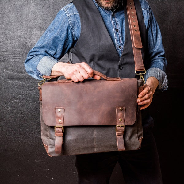 Herren Leder Umhängetasche, Umhängetasche für Herren, Laptop Tasche für Schule und Business, Computer Tasche, Vintage Leder Aktentasche Handmade