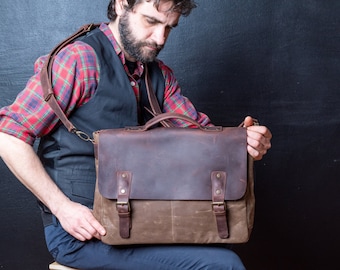 Mens Leather Briefcase, Waxed Canvas Courier Bag, Canvas Briefcase, Handmade by Real Artisans