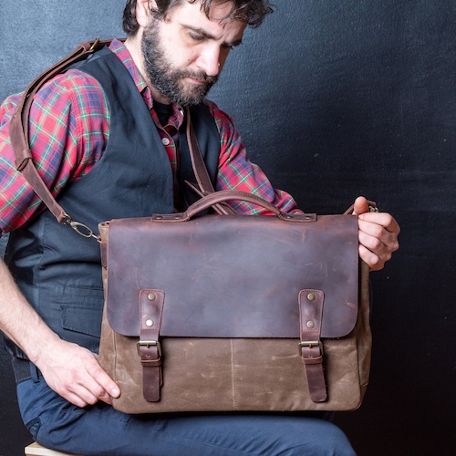 Mens Leather Briefcase Waxed Canvas Courier Bag Canvas Etsy New Zealand