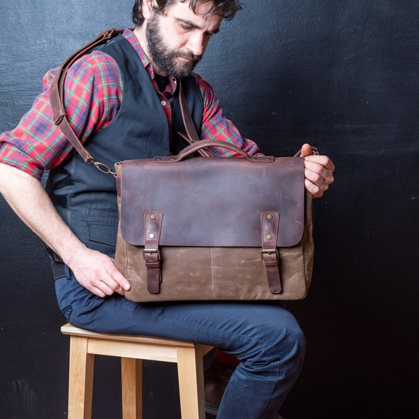 Mens Leather Briefcase, Waxed Canvas Courier Bag, Canvas Briefcase, Handmade by Real Artisans