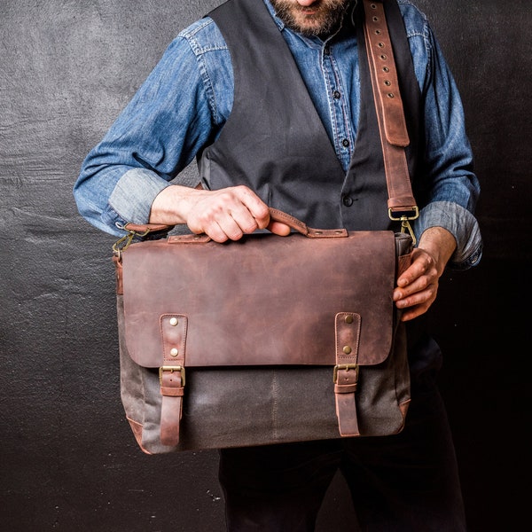 Canvas + Leather Messenger Bag | Leather Shoulder Bag | Laptop Bag | Groomsman Gift | Mens Leather Briefcase | Waxed Canvas Bag