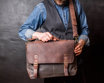 Canvas + Leather Messenger Bag | Leather Shoulder Bag | Laptop Bag | Groomsman Gift | Mens Leather Briefcase | Waxed Canvas Bag