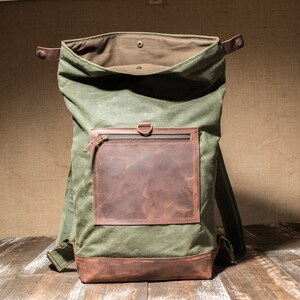 Rolltop Backpack of Waxed Canvas with Front Leather Zipped Pocket, Roll Top Rucksack, Slim Backpack image 6