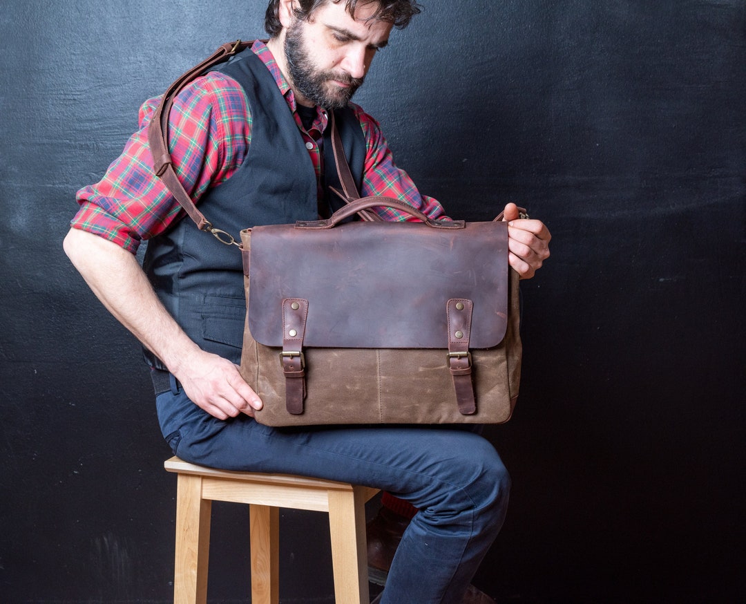 Mens Leather Briefcase Waxed Canvas Courier Bag Canvas - Etsy