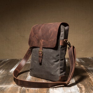 Messenger Bag Heren, leren tas en schoudertas van gewaxt canvas, computertas, laptop 14 handtas afbeelding 3