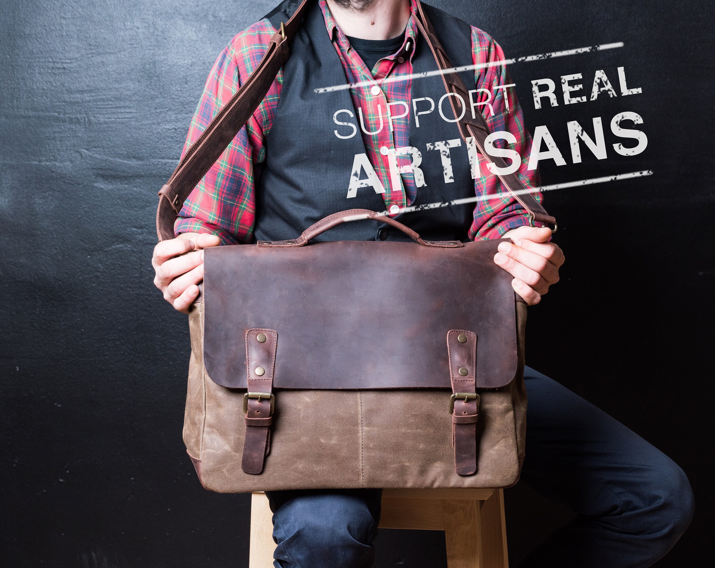 Mens Leather Briefcase Waxed Canvas Courier Bag Canvas Etsy