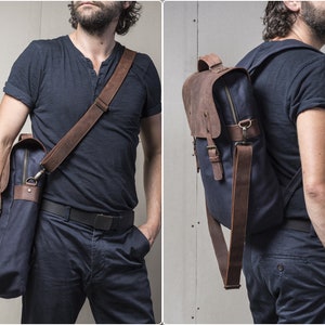 Personalisierter Rucksack für Männer, wasserabweisendes gewachstes Canvas und Leder, 2 in 1 Tasche Laptopfach und Schultergurt, Handmade Artisans