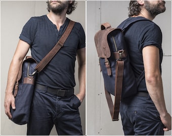 Personalized backpack for men, water-repellent waxed canvas and leather, 2 in 1 bag laptop compartment and shoulder strap, Handmade Artisans