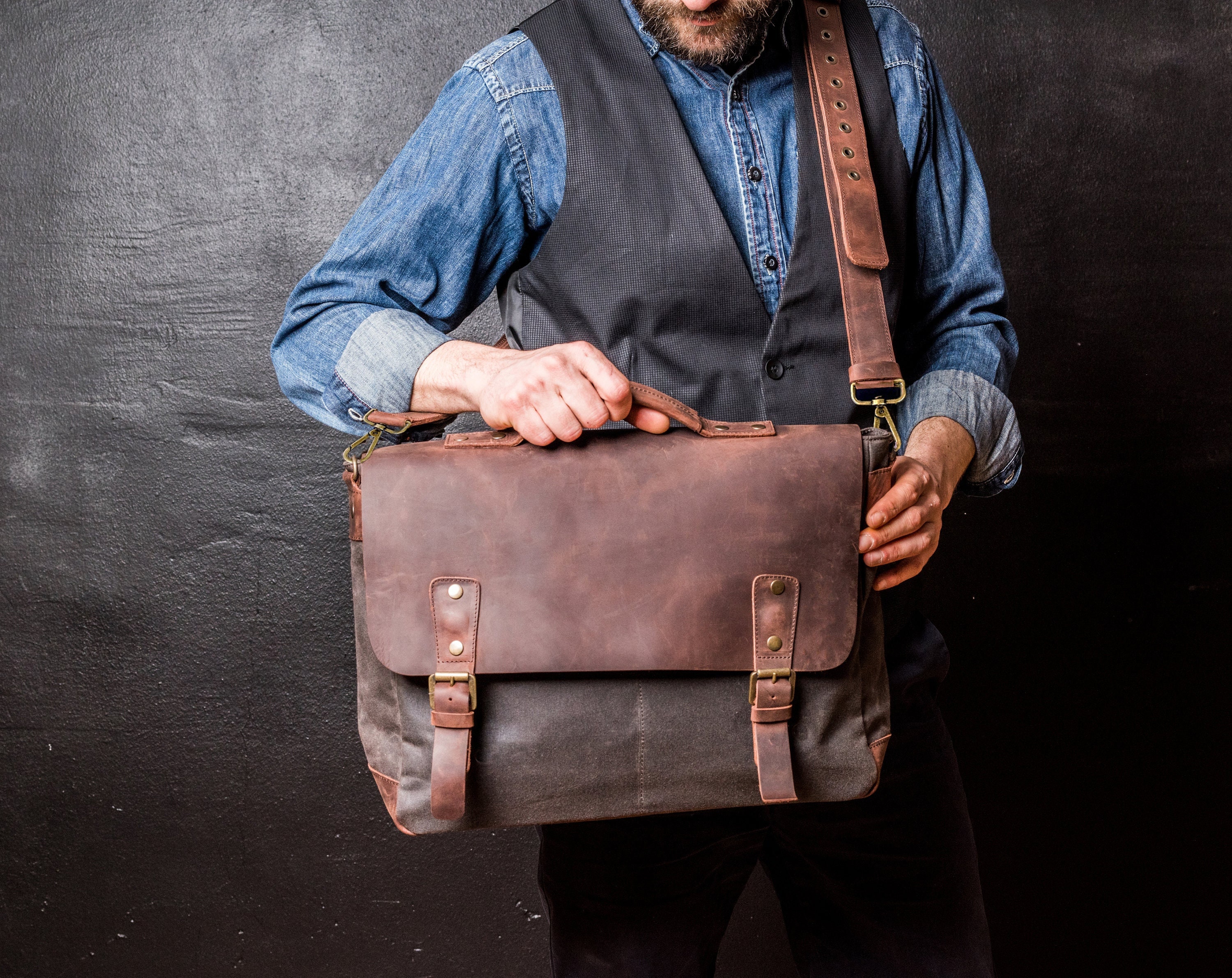 【いたしませ】 Men's Briefcase Men's Messenger Bag， Vintage Leather Briefcase ...