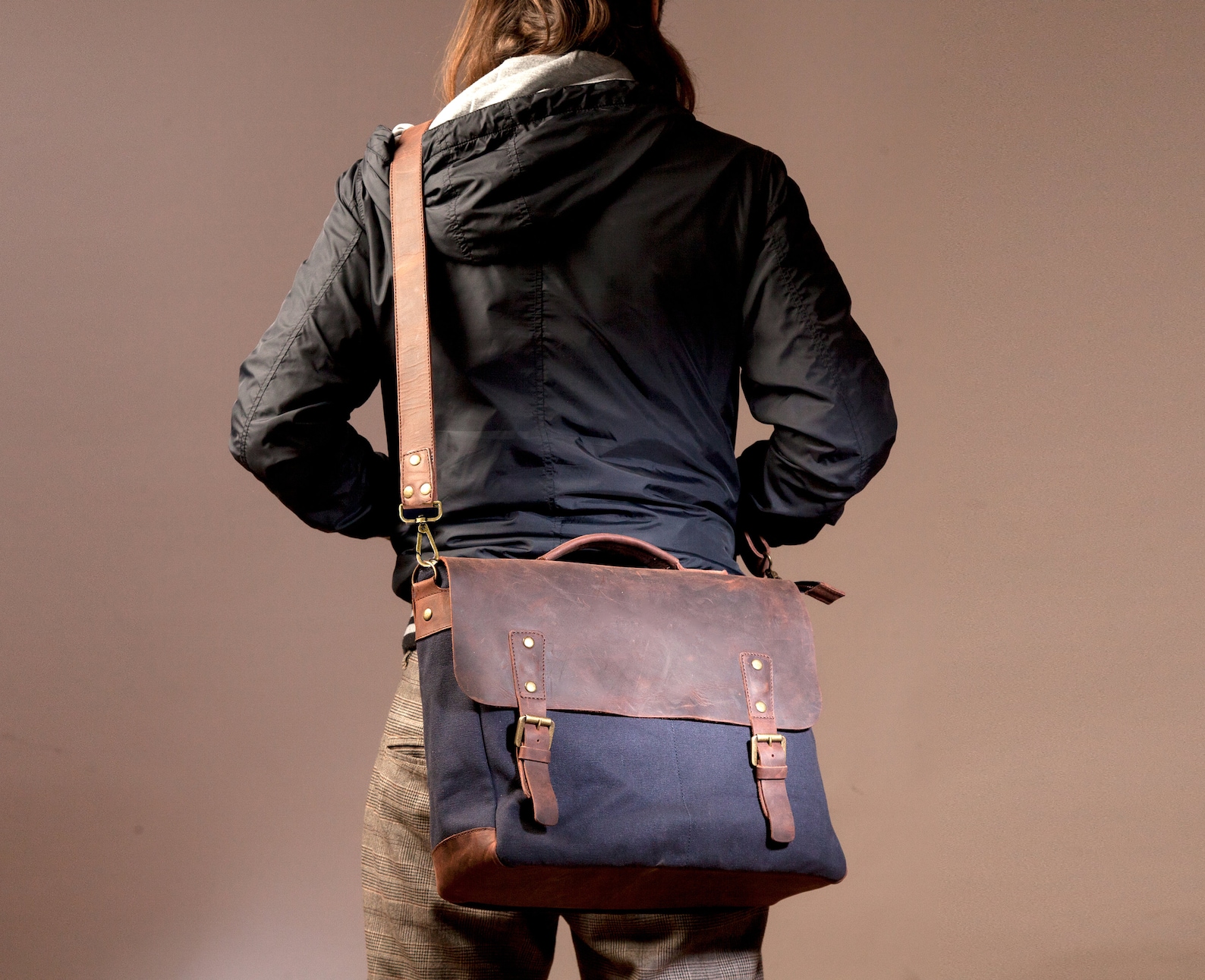 Waxed Canvas Leather Laptop Bag Leather Shoulder Bag | Etsy
