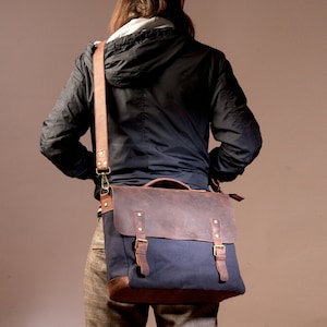 Waxed Canvas Leather Laptop Bag Leather Shoulder Bag Travel Bag for Men Weekender Bag Mens Leather Satchel Mens Messenger Bag image 1