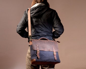Waxed Canvas + Leather Laptop Bag | Leather Shoulder Bag | Travel Bag for Men | Weekender Bag | Mens Leather Satchel | Mens Messenger Bag