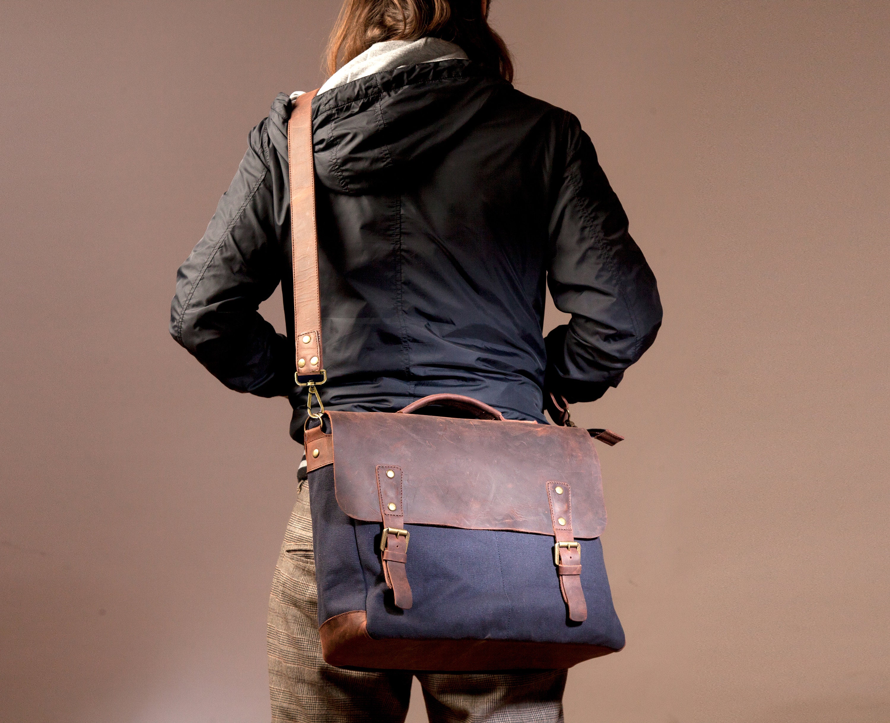 Tarpa | Slim Graphite Canvas & Tan Leather Messenger Bag