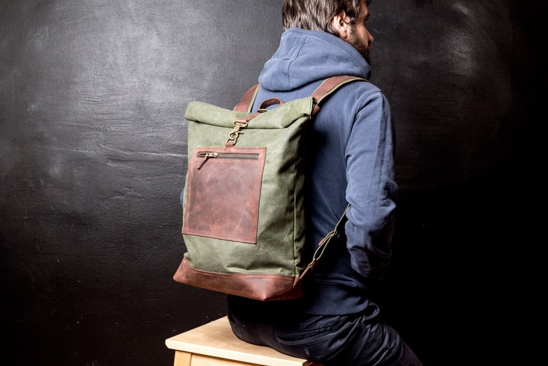 Rolltop Backpack of Waxed Canvas with Front Leather Zipped Pocket, Roll Top Rucksack, Slim Backpack image 1