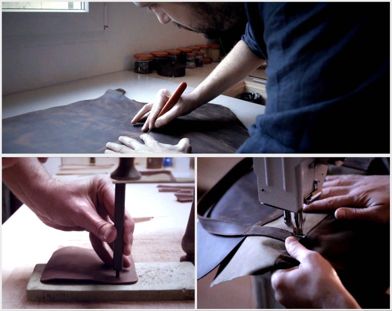 May include: Close-up of a leather craftsman working on a brown leather bag. The craftsman is using a tool to punch holes in the leather and a sewing machine to stitch the seams.