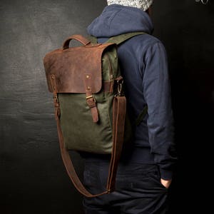 Waxed Canvas Rucksack, Travel Rucksack, Waterproof, Leather Rucksack, Handmade by Real Artisans