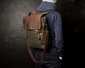 Waxed Canvas Rucksack, Travel Rucksack, Waterproof, Leather Rucksack, Handmade by Real Artisans