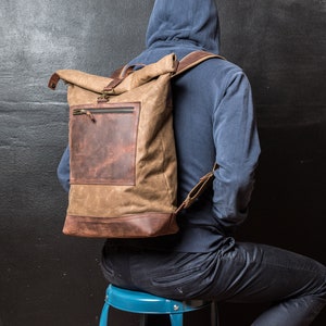 Roll Top Backpack Waxed, Bag for Hipsters, Hipster Backpack with Rolltop, Handmade by Real Artisans image 2