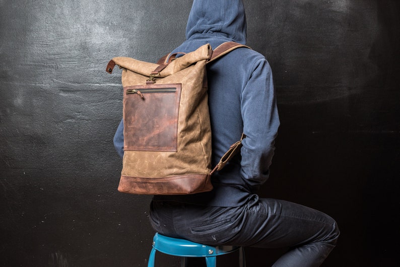 Roll Top Backpack Waxed, Bag for Hipsters, Hipster Backpack with Rolltop, Handmade by Real Artisans image 2