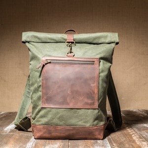 Rolltop Backpack of Waxed Canvas with Front Leather Zipped Pocket, Roll Top Rucksack, Slim Backpack image 3