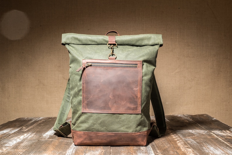 Rolltop Backpack of Waxed Canvas with Front Leather Zipped Pocket, Roll Top Rucksack, Slim Backpack image 3