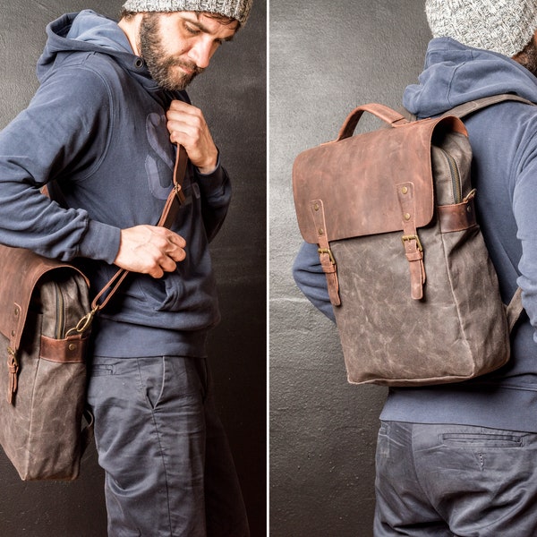 Waxed Canvas and Leather Laptop Backpack, Convertible into Messenger Bag 2-in-1 carry, Handmade & Personalized