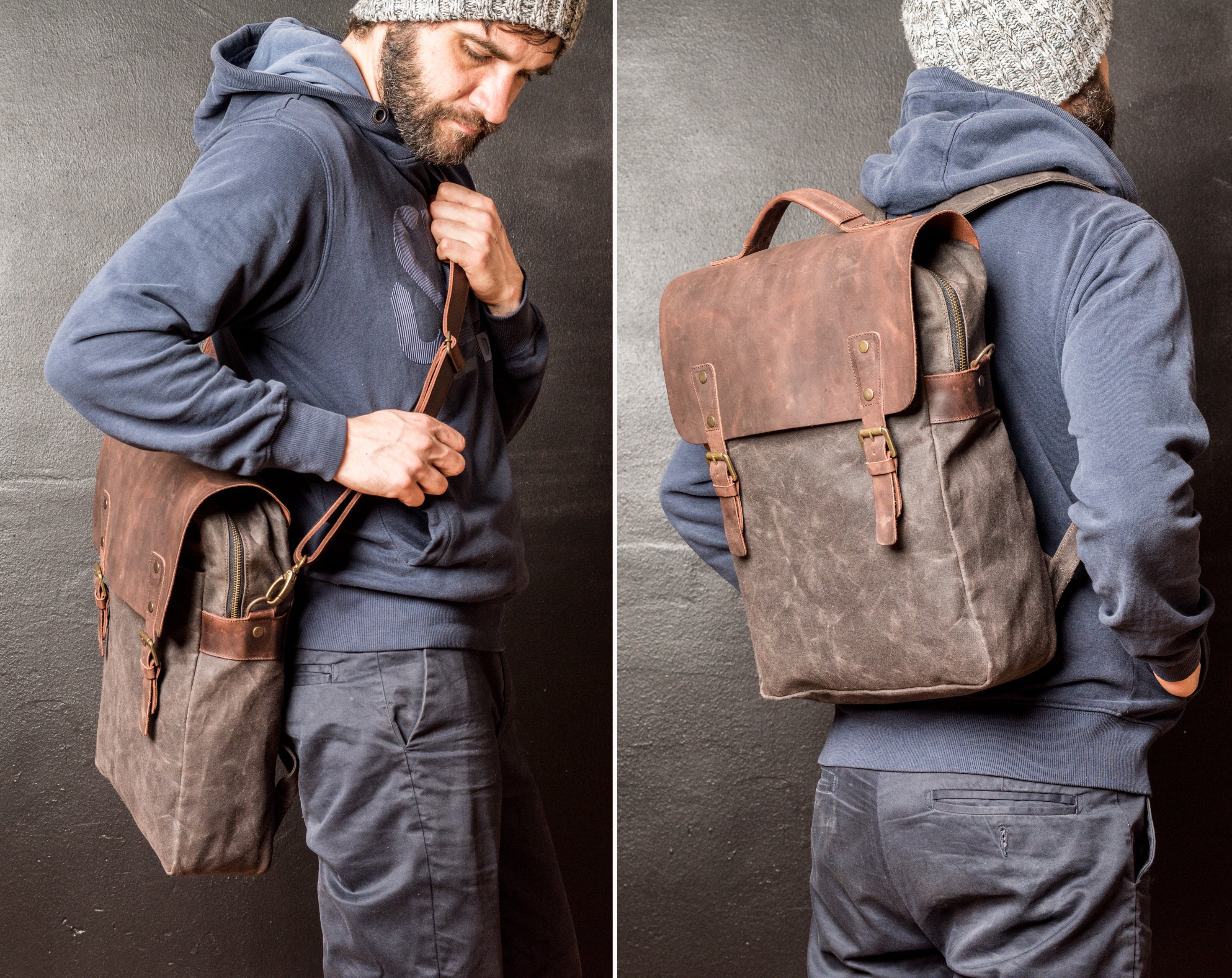 Waxed Canvas Backpack, Leather and Travel Bag, Weatherproof Backpack,  Handmade by Real Artisans 