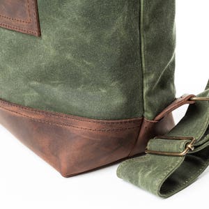 Rolltop Backpack of Waxed Canvas with Front Leather Zipped Pocket, Roll Top Rucksack, Slim Backpack image 8