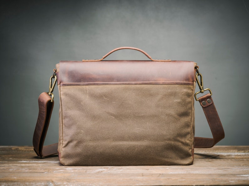 Mens Leather Briefcase Waxed Canvas Courier Bag Canvas Etsy