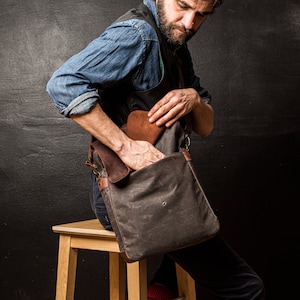 Messenger Bag Men, Leather Bag and Waxed Canvas Shoulder Bag, Computer Bag, Laptop 14 Hand Bag zdjęcie 2