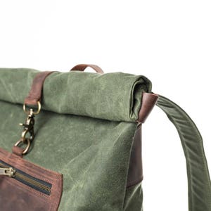 Rolltop Backpack of Waxed Canvas with Front Leather Zipped Pocket, Roll Top Rucksack, Slim Backpack image 7