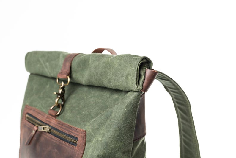 Rolltop Backpack of Waxed Canvas with Front Leather Zipped Pocket, Roll Top Rucksack, Slim Backpack image 7