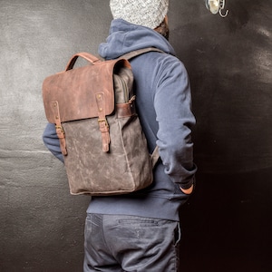 Waxed Canvas Backpack, Leather and Travel Bag, Weatherproof Backpack, Handmade by Real Artisans image 2