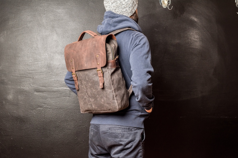 Waxed Canvas Backpack, Leather and Travel Bag, Weatherproof Backpack, Handmade by Real Artisans image 2