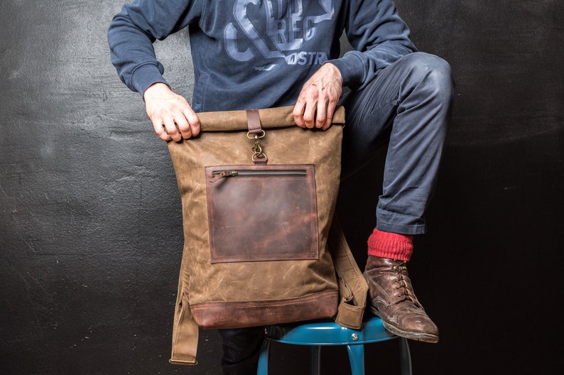 Roll Top Backpack Waxed, Bag for Hipsters, Hipster Backpack with Rolltop, Handmade by Real Artisans image 4