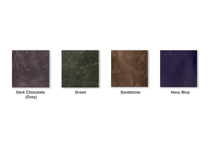 May include: Four fabric swatches in different colors: dark chocolate (grey), green, sandstone, and navy blue.