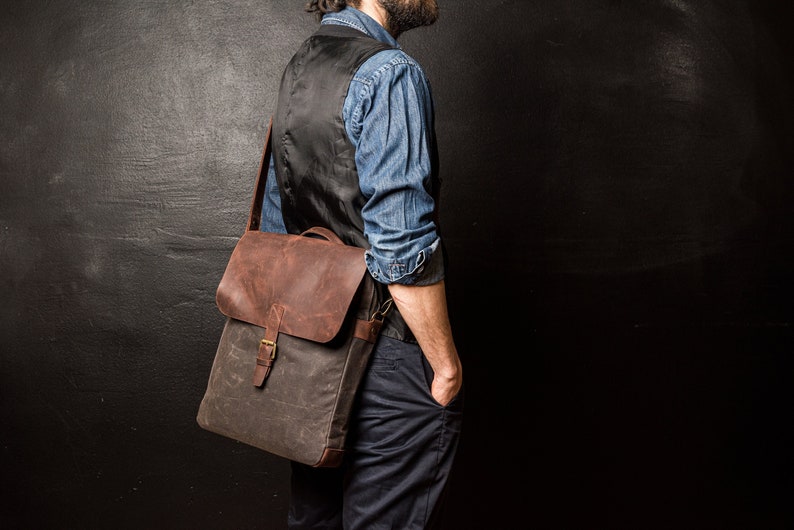 Messenger Bag Men, Leather Bag and Waxed Canvas Shoulder Bag, Computer Bag, Laptop 14 Hand Bag zdjęcie 1