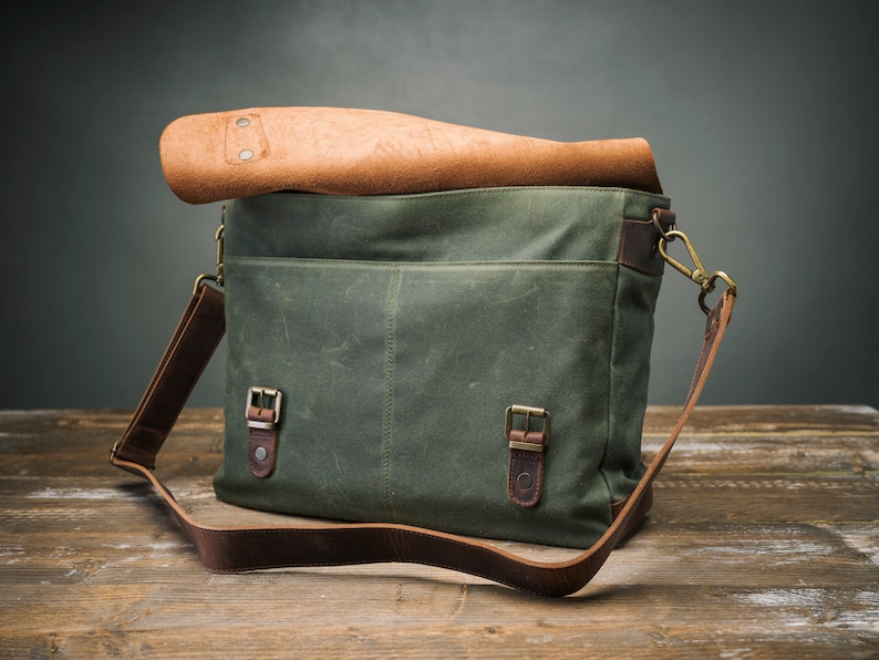 Heren Messenger Bag, lederen Messenger Bag, Canvas Messenger Bag, handgemaakt door echte ambachtslieden afbeelding 4