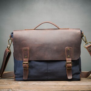 Waxed Canvas Leather Laptop Bag Leather Shoulder Bag Travel Bag for Men Weekender Bag Mens Leather Satchel Mens Messenger Bag image 2