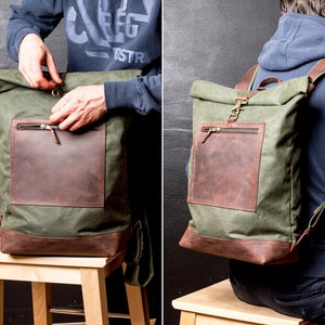 Rolltop Backpack of Waxed Canvas with Front Leather Zipped Pocket, Roll Top Rucksack, Slim Backpack image 2