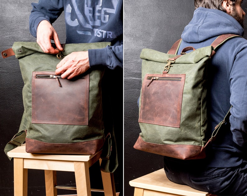 Rolltop Backpack of Waxed Canvas with Front Leather Zipped Pocket, Roll Top Rucksack, Slim Backpack image 2