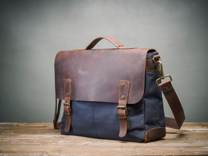 Waxed Canvas Leather Laptop Bag Leather Shoulder Bag Travel Bag for Men Weekender Bag Mens Leather Satchel Mens Messenger Bag image 3