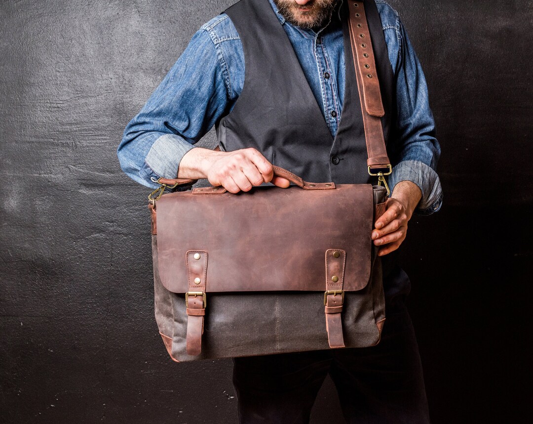 Canvas Leather Messenger Bag Leather Shoulder Bag Laptop Bag Groomsman Gift Mens Leather Briefcase Waxed Canvas Bag Etsy