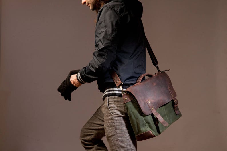 Heren Messenger Bag, lederen Messenger Bag, Canvas Messenger Bag, handgemaakt door echte ambachtslieden afbeelding 3