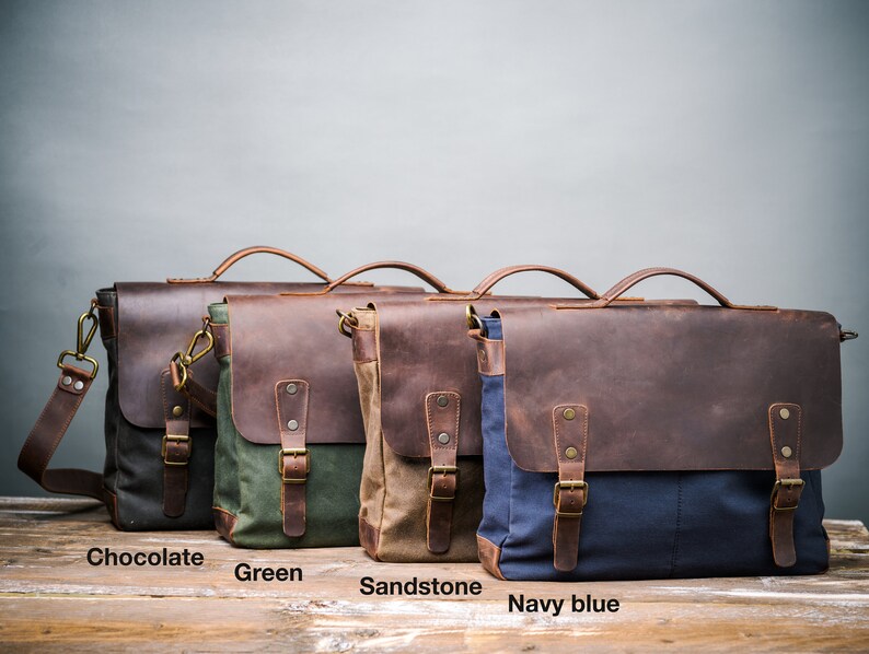 Waxed Canvas Leather Laptop Bag Leather Shoulder Bag Travel Bag for Men Weekender Bag Mens Leather Satchel Mens Messenger Bag image 10