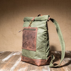 Rolltop Backpack of Waxed Canvas with Front Leather Zipped Pocket, Roll Top Rucksack, Slim Backpack image 4