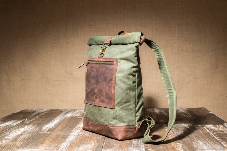 Rolltop Backpack of Waxed Canvas with Front Leather Zipped Pocket, Roll Top Rucksack, Slim Backpack image 4