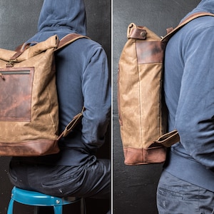 Roll Top Backpack Waxed, Bag for Hipsters, Hipster Backpack with Rolltop, Handmade by Real Artisans image 1